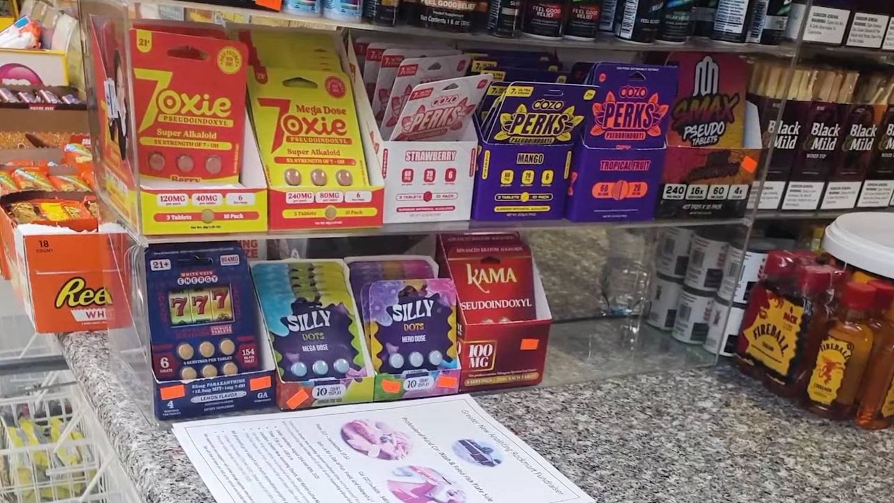 Colorful gas station drug products packaged like candy and supplements