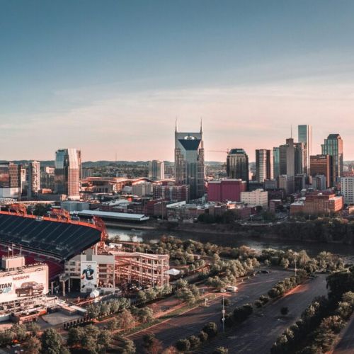 Downtown Nashville skyline at sunset, the week before the NFL draft.